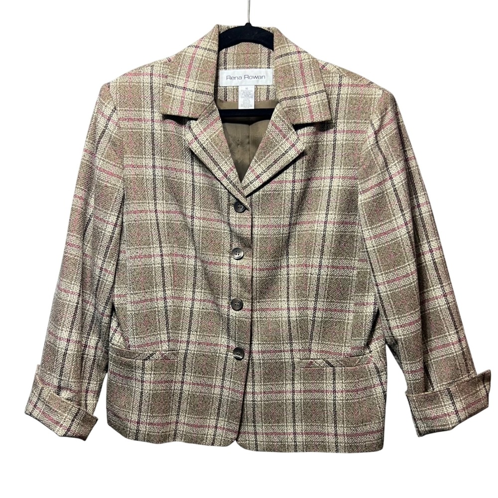 Rena Rowan Plaid Blazer Jacket Women's 16 Brown Red Lined Vintage Career Wear